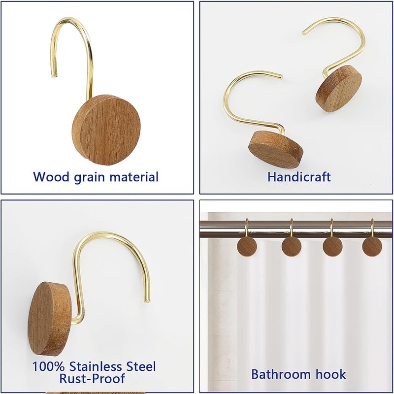 JTDTH Shower Curtain Hooks, Wood Decorative Shower Curtain Rings, Modern Round Log Shower Curtain Hangers, 12PCS Shower Hooks for Shower Curtain Rod, Bedroom, Living Room (Gold) - Image 3